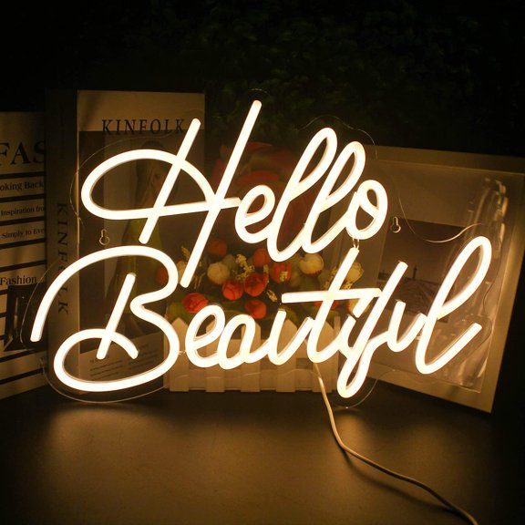 Hello Beautiul Neon Sign,Warm White Neon Light Sign,Letters Wedding Neon Signs for Wall Decor,   Light Up Signs For Wedding Party  Birthday Beauty Salon