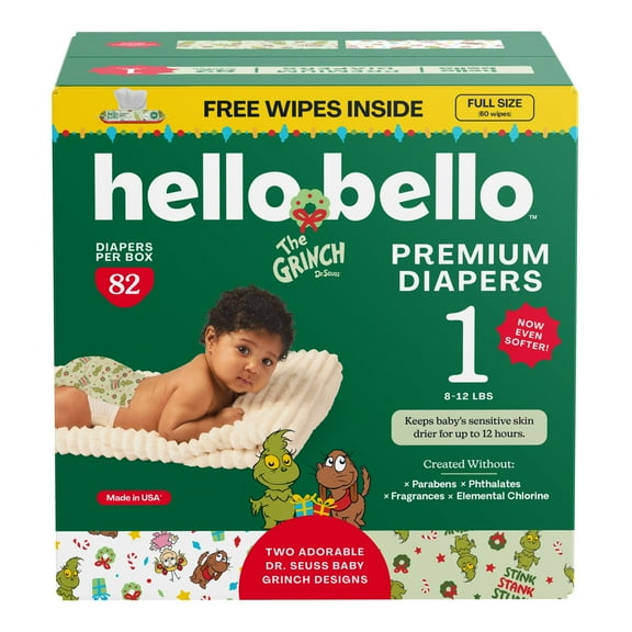 Hello Bello Premium Baby Grinch Diapers Club Box with Bonus Wipes - Size 1, 82 Count