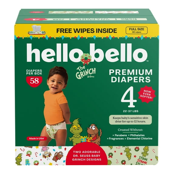 Hello Bello Premium Baby Grinch Diapers Club Box with Bonus Wipes - Size 4, 58 Count