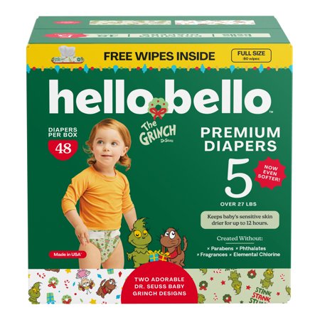 Hello Bello Premium Baby Grinch Diapers Club Box with Bonus Wipes - Size 5, 48 Count
