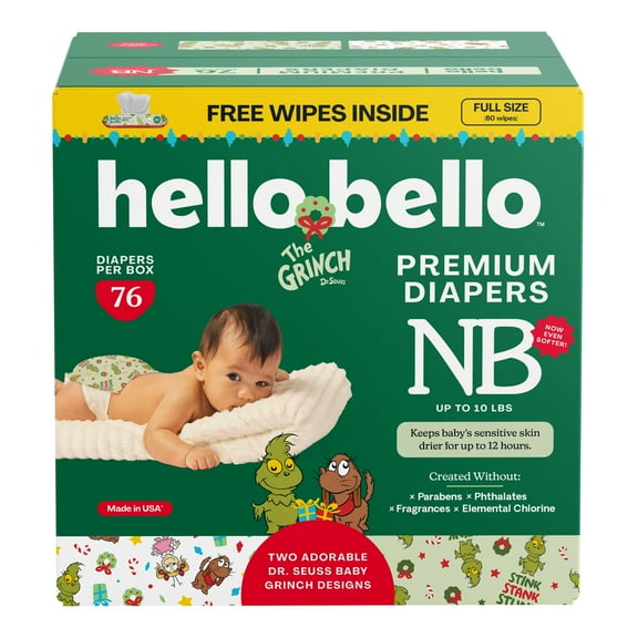 Hello Bello Premium Baby Grinch Diapers Club Box with Bonus Wipes - Size Newborn, 76 Count