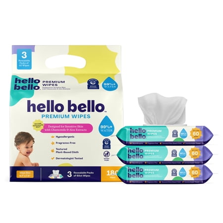Hello Bello Premium Fragrance-Free Baby Wipes, 3 Flip-Top Pouches (180 Total Wipes)