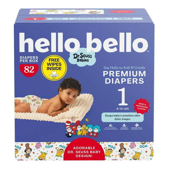Hello Bello Premium Dr. Seuss Babies Diapers Club Box with Bonus Wipes - Size 1, 82 Count