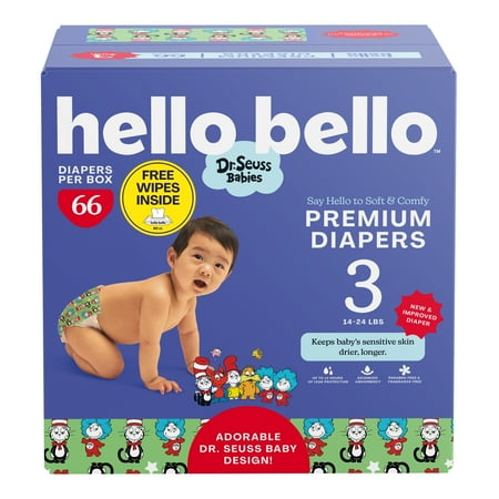 Hello Bello Premium Dr. Seuss Babies Diapers Club Box with Bonus Wipes - Size 3, 66 Count