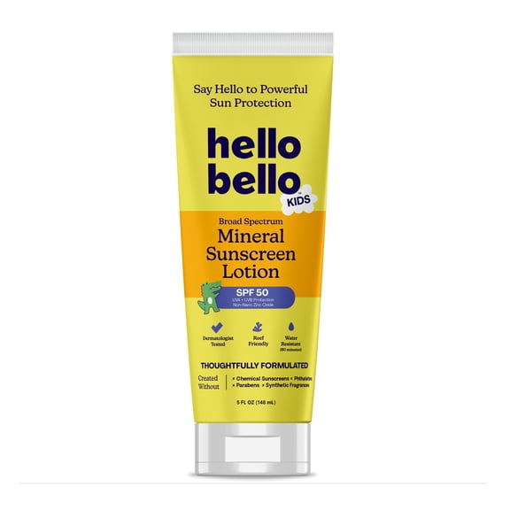 Hello Bello Mineral SPF 50 Kids Sunscreen, Reef-Friendly Lotion for All Ages, 5.0 fl oz