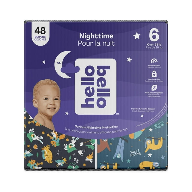 Hello Bello Overnight Diapers, Toddler Size 6, Unisex Snoozy Sloths