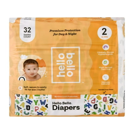 Hello Bello Premium Baby Diapers, Alphabet Soup Designs, Infant Size 2, 32 Count