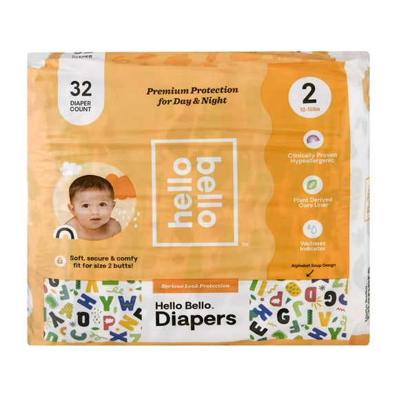 Hello Bello Premium Baby Diapers, Alphabet Soup Designs, Infant Size 2, 32 Count