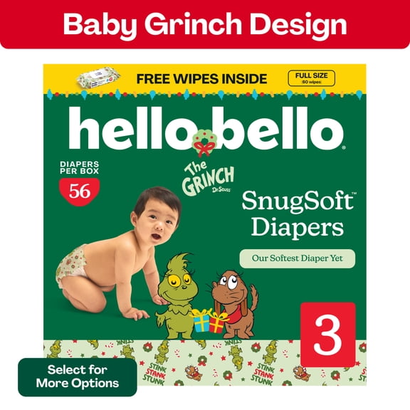 Hello Bello Premium Baby Grinch Diapers Club Box with Bonus Wipes - Size 3, 56 Count