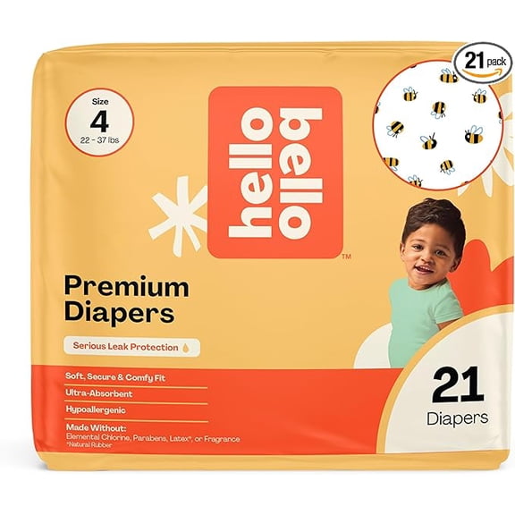 Hello Bello Premium Diapers Size 4 (22-37 lbs) Busy Bees Designs, 21ct Jumbo Pack