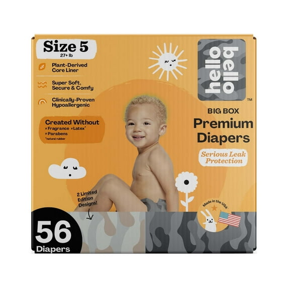 Hello Bello Premium Diapers, Size 5, Unisex Toddler Hide & Seek/Undercover Booties, 56ct