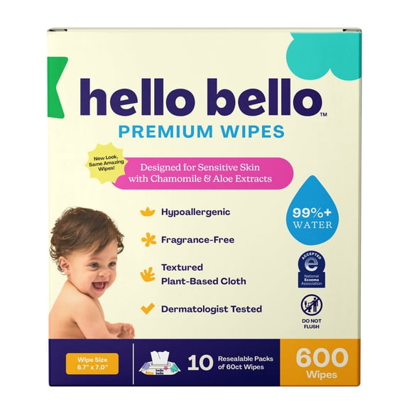 Hello Bello Premium Fragrance-Free Baby Wipes, 10 Flip-Top Pouches (600 Total Wipes)