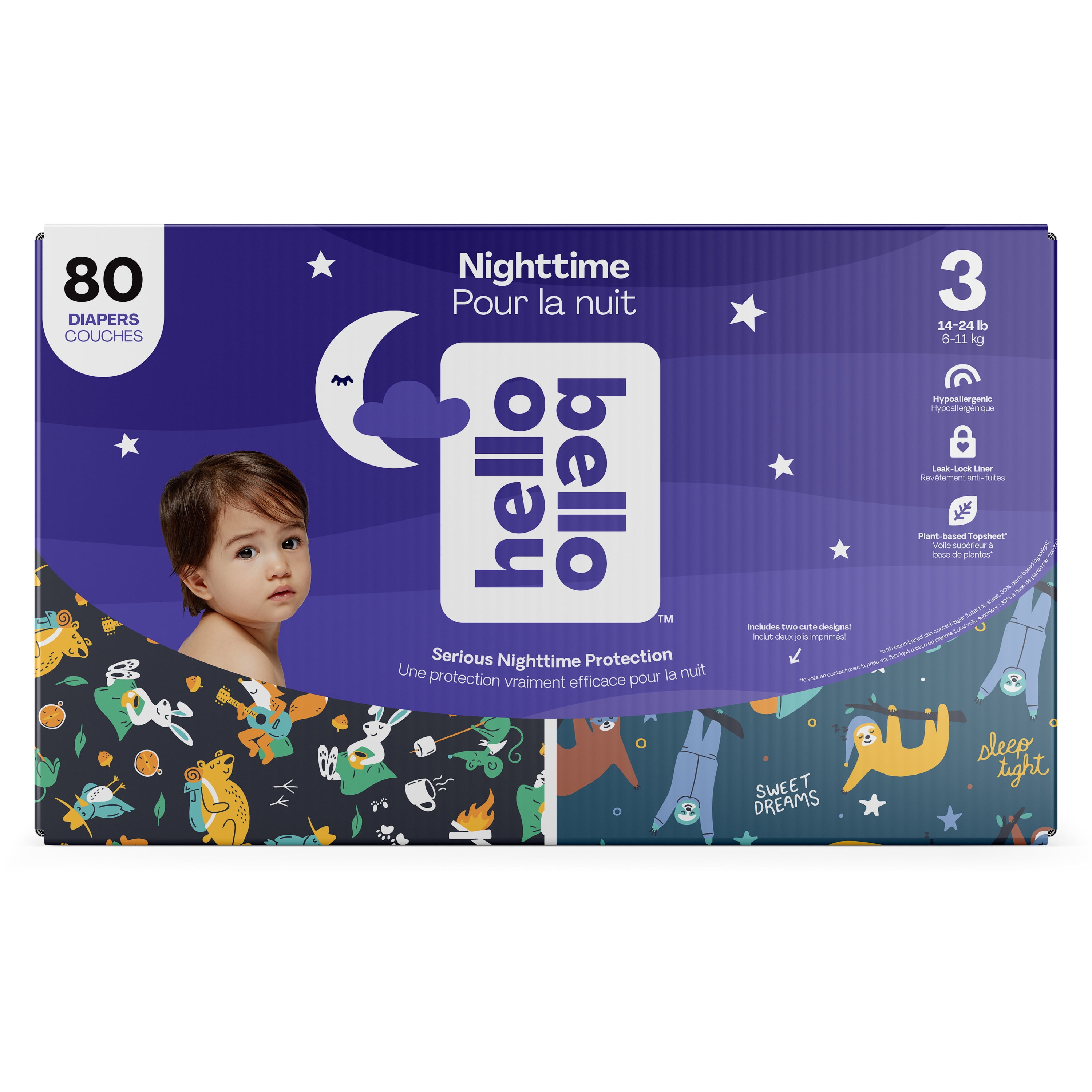 Hello Bello Premium Gender Neutral Overnight Baby Diapers I Affordable and Eco-Friendly Extra Absorbent Diapers for Babies and Kids at Night I Size 3 I Snoozy Sloths & Sleepy Campers I 80 Count