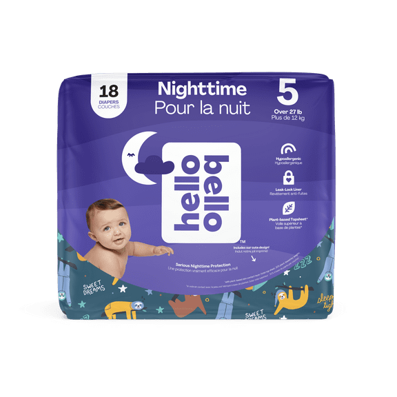 Hello Bello Premium Gender Neutral Overnight Baby Diapers I Affordable Hypoallergenic and Eco-Friendly Extra Absorbent Diapers for Babies and Kids at Night I Size 5 I Snoozy Sloths I 18 Count