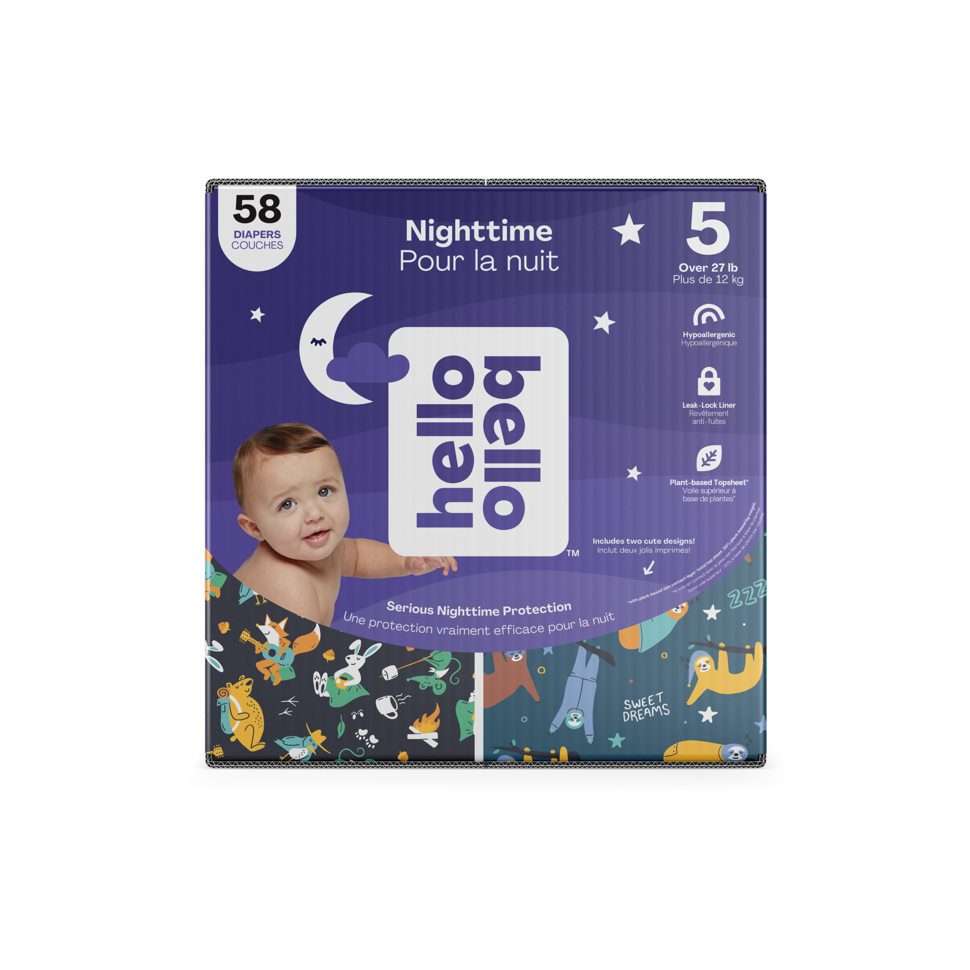 Hello Bello Premium Gender Neutral Overnight Diapers I for Babies and Kids at Night I Size 5 I Snoozy Sloths & Sleepy Campers I 58 Count - image 1 of 8