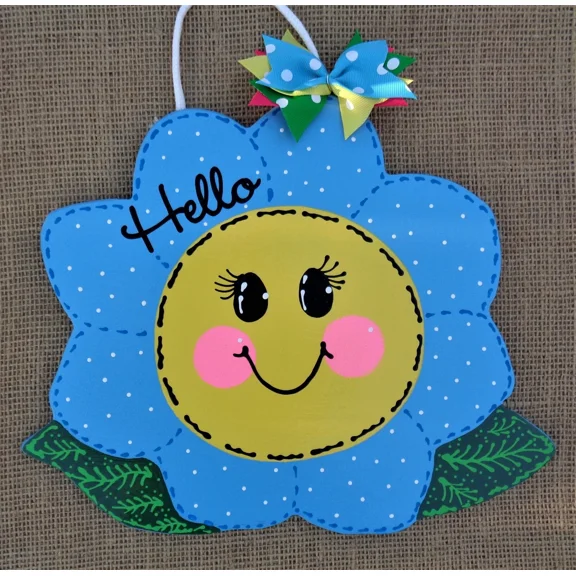 Hello Blue Flower Sign Wall Art Door Hanger Plaque Wreath Attachment Smiley Face