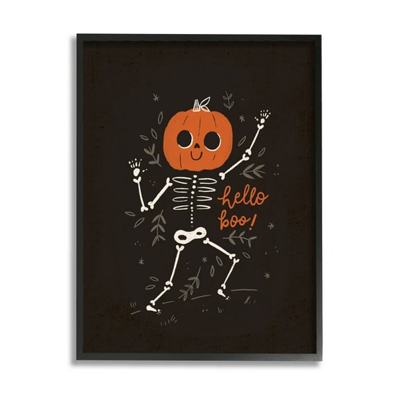 Hello Boo Halloween Smiling Skeleton Holiday Graphic Art Black Framed Art Print Wall Art