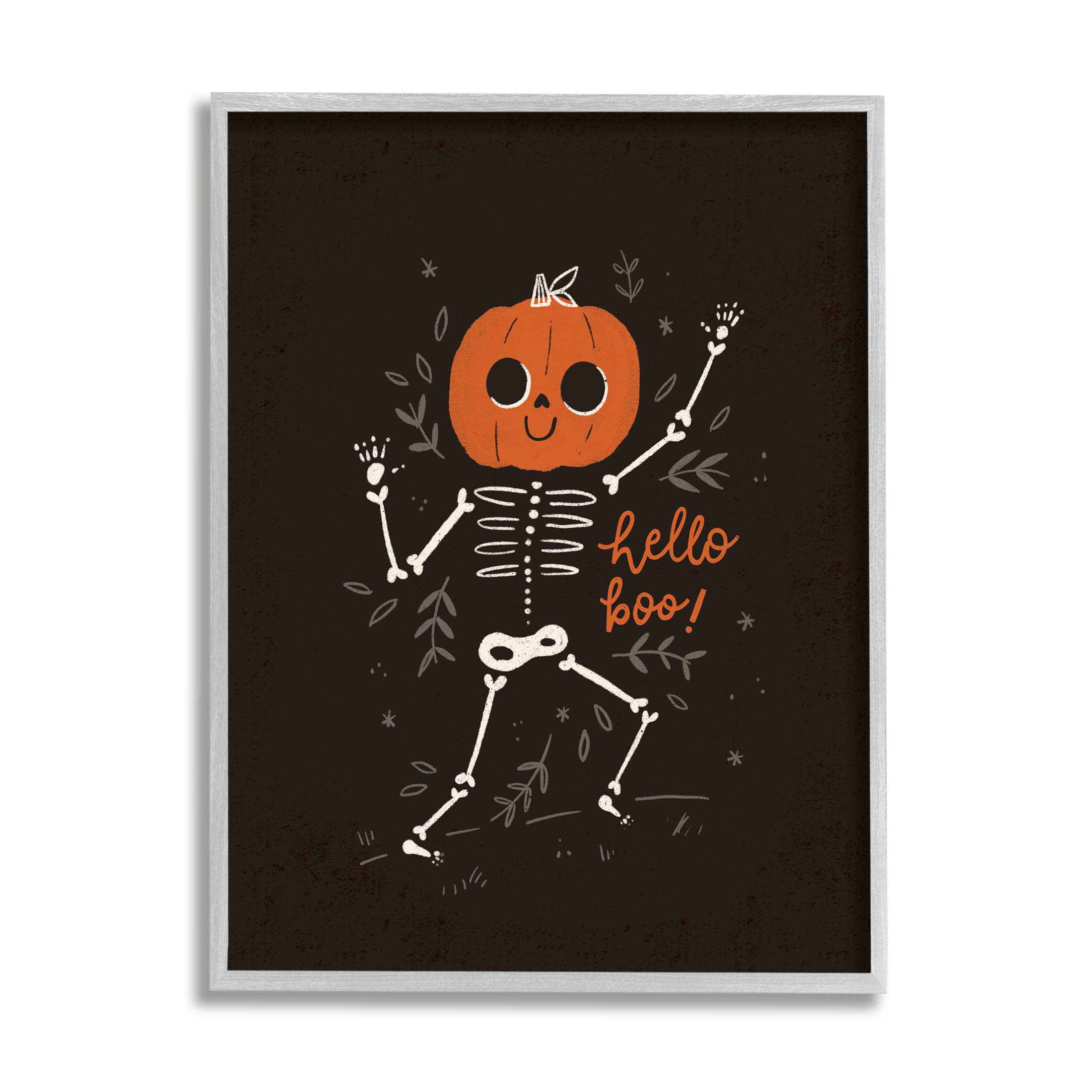 Hello Boo Halloween Smiling Skeleton Holiday Graphic Art Gray Framed Art Print Wall Art