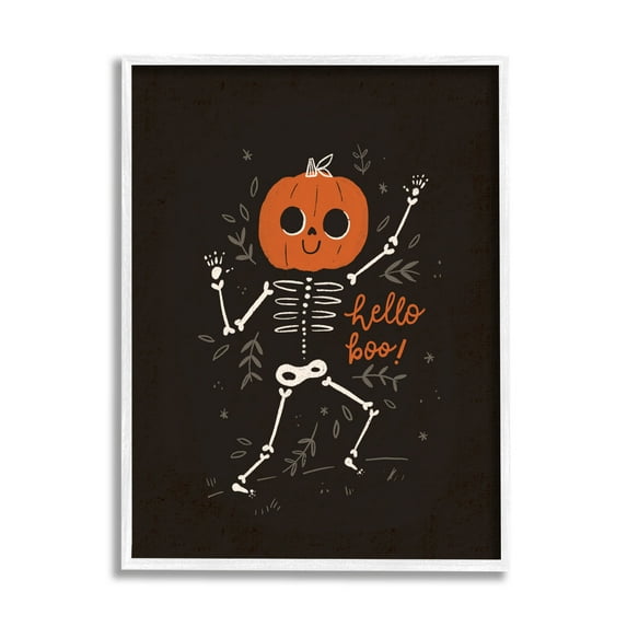Hello Boo Halloween Smiling Skeleton Holiday Graphic Art White Framed Art Print Wall Art