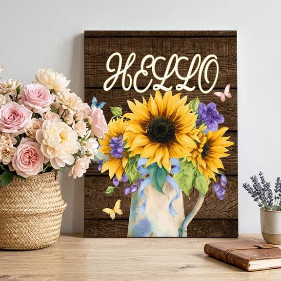 Hello Canvas Wall Art for Living Room, Summer Watercolor Sunflower Farmhouse Butterfly Brown Wood Grain Wall Decor Framed Artwork Pictures Ready to Hang for Bedroom Office Home Decor 8x12 Inch