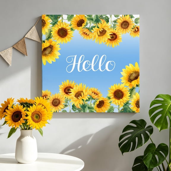 Hello Canvas Wall Art for Living Room, Summer Watercolor Sunflower Farmhouse Gradient Blue Wall Decor Framed Artwork Pictures Ready to Hang for Bedroom Office Home Decor 8x8 Inch