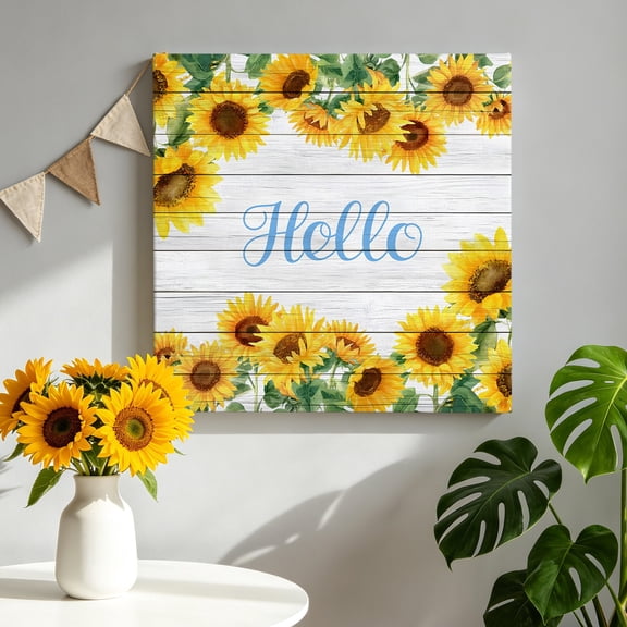 Hello Canvas Wall Art for Living Room, Summer Watercolor Sunflower Farmhouse Wood Grain Fantasy Wall Decor Framed Artwork Pictures Ready to Hang for Bedroom Office Home Decor 8x8 Inch
