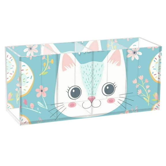 Hello Cat Face Acrylic Pencil Pen Holder Cup 4 Compartments Desktop Organiser 7.87"x2.78"x3.54"
