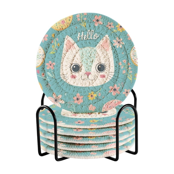Hello Cat Face Coasters with Holder for Coffee Table 6 Pcs Drink Coaster Sets Absorbent for Home Decor 4 inch