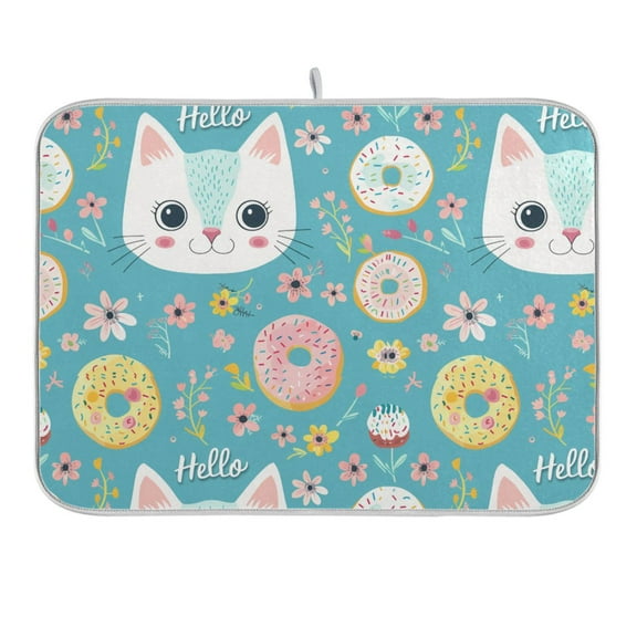 Hello Cat Face Dish Drying Mat 16x18 Absorbent Microfiber Draining Rack Pad for Kitchen Counter Sink