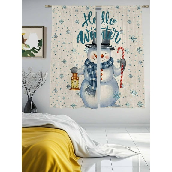 Hello Christmas Sheer Curtains 72 inches Long 2 Panels Set Snowman with Snowflakes Beige Tiers Sheers Rod Pocket Small Window Short Curtains for Kitchen Cafe, Each 52" W x 72" L