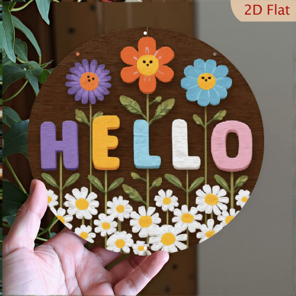 Hello Colorful Lettering Wall Art, Round Aluminum Decorative Sign, Whimsical Floral Garden Print, 8x8 Inch Metal Plaque for Home Living Room Decor