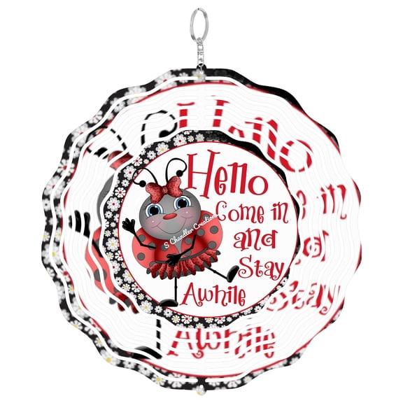 Hello Come In Ladybug 3D Wind Spinner, Stainless Steel Hanging Decor, Summer Garden Welcome Gift