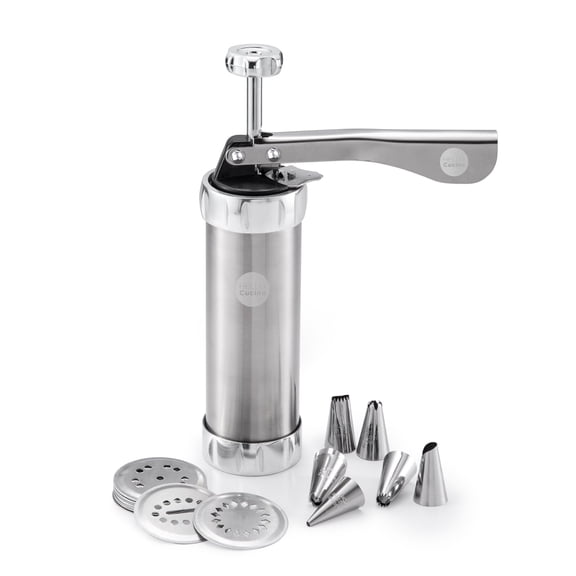 Hello Cucina Cookie Press Stainless Steel - Biscuit Press Cookie Gun Set with 13 Pattern Discs and 8 Different Icing Nozzles