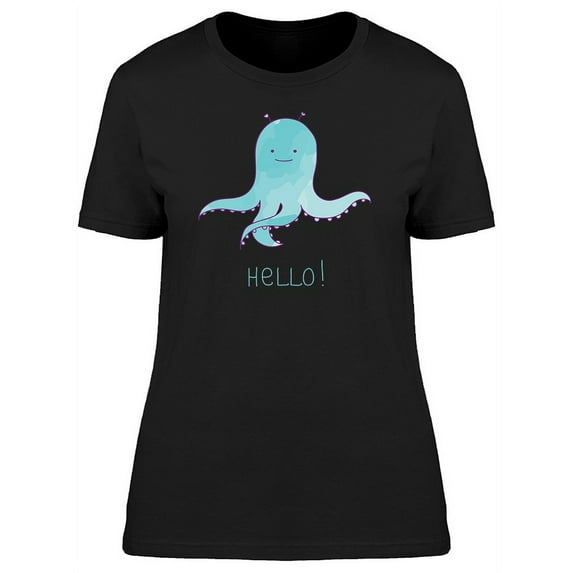 Hello! Cute Blue Octopus Doodle T-Shirt Women -Image by Shutterstock, Female Large