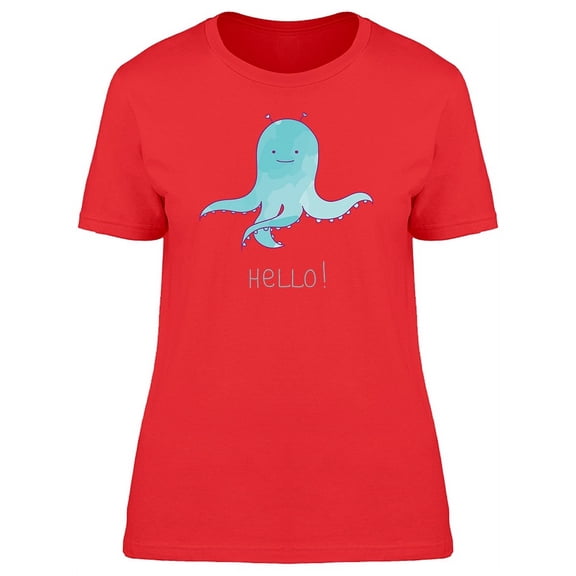 Hello! Cute Blue Octopus Doodle T-Shirt Women -Image by Shutterstock, Female Medium