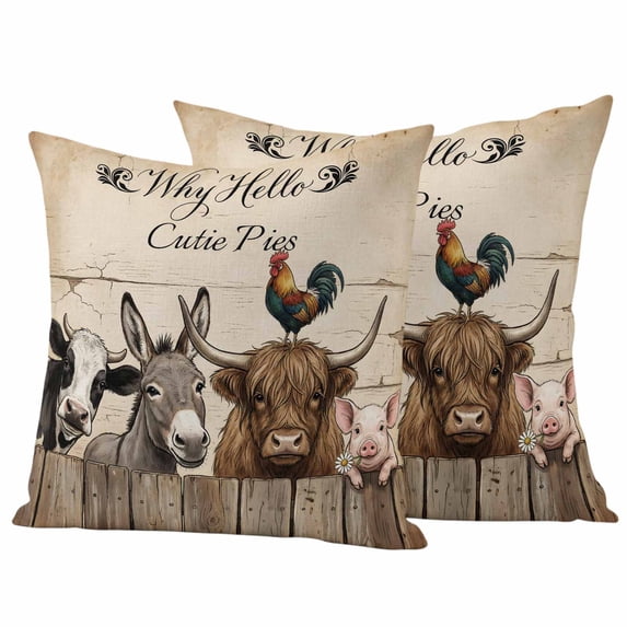 Why Hello Cutie Pies Pillow Covers 2 Pack Farm Donkey Pig Cow Chicken Wooden Fence Retro Pillowcase Waterproof Outdoor Throw Pillow Cover for Patio Garden Square Cushion 24”x24”