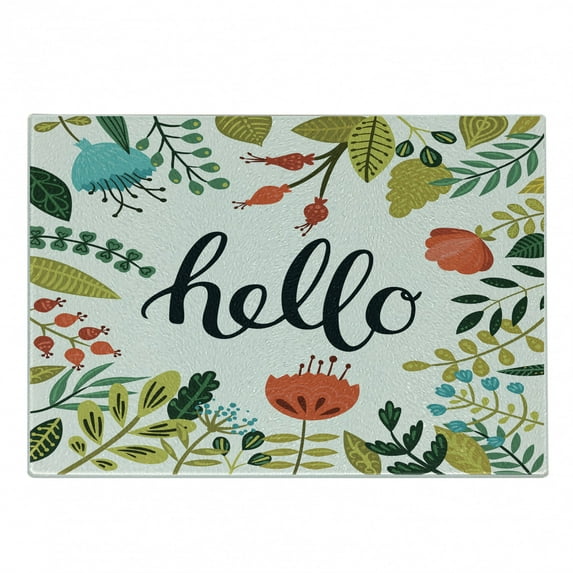 Hello Cutting Board, Brush Lettering Designed Calligraphy Print of Hello on Colorful Floral Background, Decorative Tempered Glass Cutting and Serving Board, Small Size, Multicolor, by Ambesonne