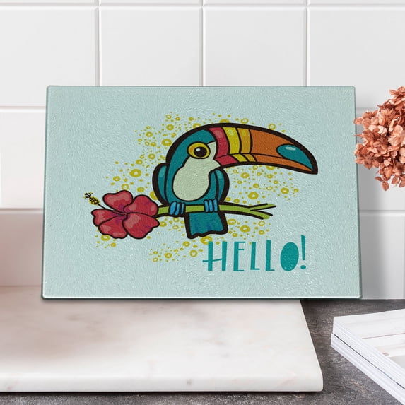 Hello Cutting Board, Tropical Hello from Hawaiian Island Ramphastidae Toucan Bird with Hibiscus Flower, Decorative Tempered Glass Cutting and Serving Board, Small Size, Multicolor, by Ambesonne