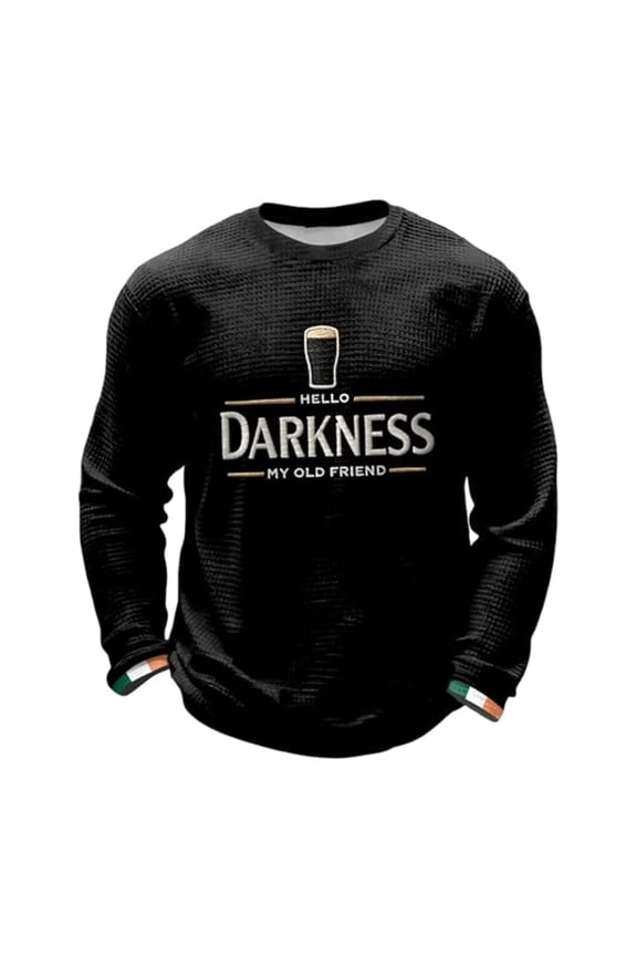 Hello Darkness My Old Friend Pullover for Men Waffle Long Sleeve T-Shirt St. Patrick's Day Shirt, Black L
