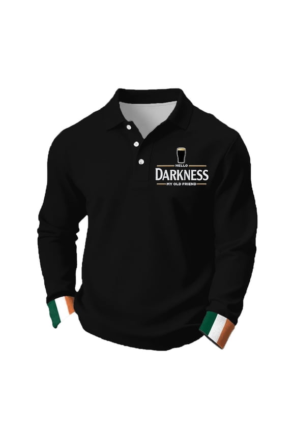 Hello Darkness My Old Friend Shirts for Men Waffle Long Sleeve Polo Shirts Lucky St. Patrick's Day Irish Funny Graphic Beer Shirts Graphic Ireland Button Down Tee,Black XL
