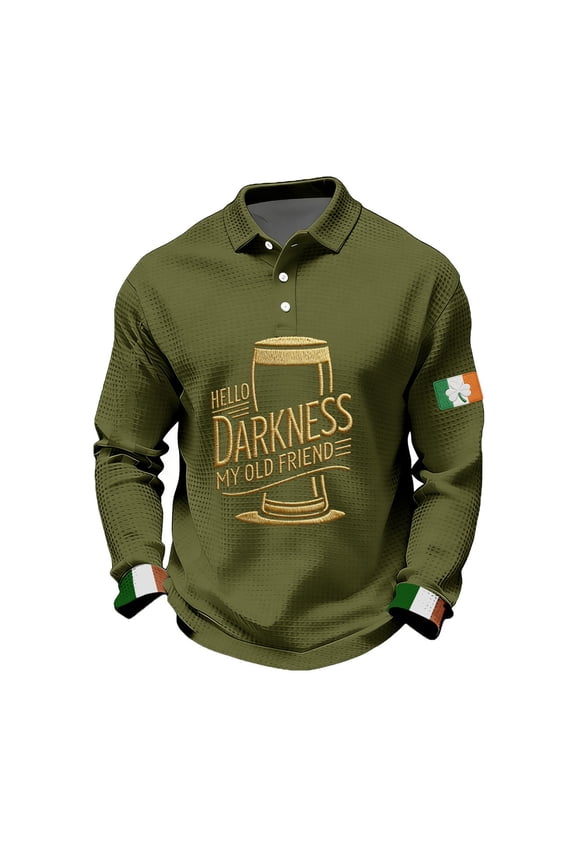 Hello Darkness My Old Friend Shirts for Men Waffle Long Sleeve Polo Shirts St. Patrick's Irish Drinking Shirts Ireland Button Down Golf Shirts,Camouflage Green M