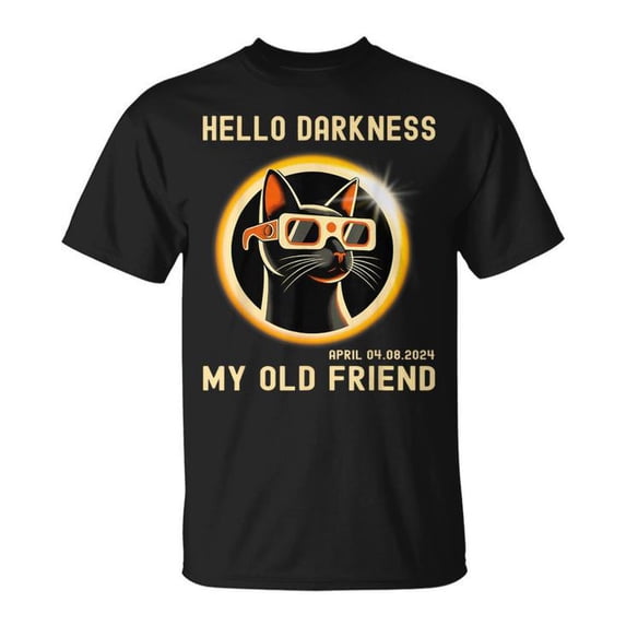 Hello Darkness My Old Friend T-Shirt, Funny Cat Wearing Solar Eclipse Glasses Tee, April 8 2024 Total Eclipse Celestial Event Graphic Shirt for Men, Women, Kids, Space and Cat , Size 2XL, Color Black