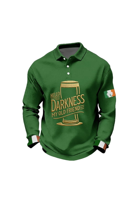 Hello Darkness My Old Friend T-Shirt for Men Waffle Long Sleeve Polo Shirts St Patricks Day Irish Funny Graphic Beer Shirt Ireland Button Down Tee,Green M