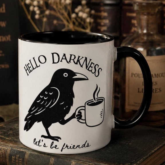 Hello Darkness Raven Coffee Mug Gothic Crow Dark Humor Gift Spooky Witchy Mug Halloween Bird Lover Accent Ceramic