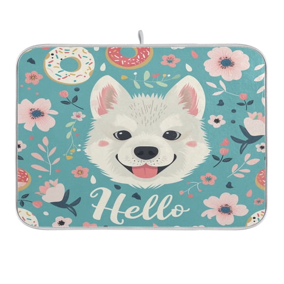 Hello Dog Face Dish Drying Mat 16x18 Absorbent Microfiber Draining Rack Pad for Kitchen Counter Sink
