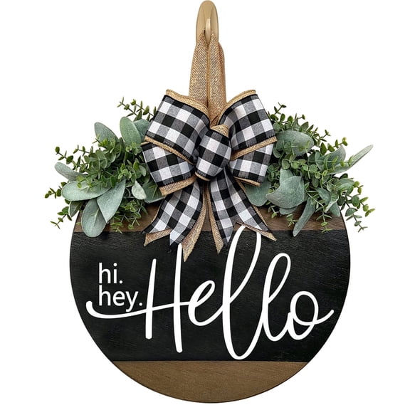 Hello Welcome Door Hanger, 12 inch Wooden Front Door Sign with Buffalo Plaid Bow and Faux Greenery, Rustic Farmhouse Porch Decor for Entryway and Home