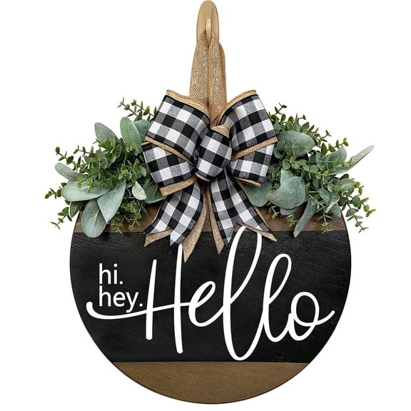 Hello Welcome Door Hanger, 12 inch Wooden Front Door Sign with Buffalo Plaid Bow and Faux Greenery, Rustic Farmhouse Porch Decor for Entryway and Home