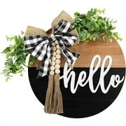 Hello Door Sign - Round Welcome Sign for Front Door, Welcome Wreath Sign Hanging Farmhouse Door Sign for Front Door Porch Decor with Eucalyptus Buffalo Bow Beads for Home Decoration Housewarming Gift