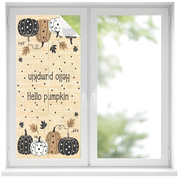 Hello Dot Pumpkin Window Privacy Film, Maple Leaves Vintage Linen Fall Frosted Glass Window Clings Static Cling UV Heat Blocking Reusable Door Sticker for Bathroom 17.7 x 39.3 Inch