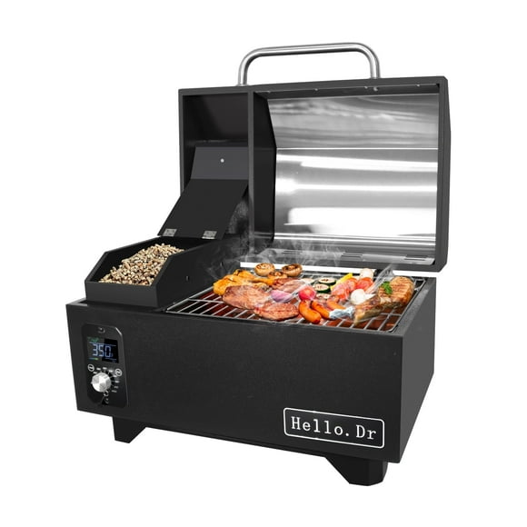Hello.Dr Portable Wood Pellet Grill Smoker,Table Top Electric Smoker 8 in 1 for RV Camping Tailgating RV Cooking BBQ, Outdoor Grills &Smokers Intelligent Temperature Control,Black